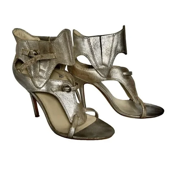 Saks Fifth Avenue Heels Stiletto Heels Open Toe Ankle Strap Buckle Leather Metal - Picture 4 of 4